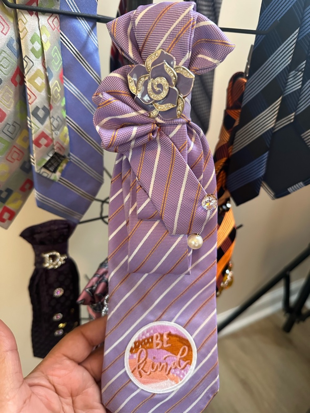 Lavender Striped Tie with Floral Pin and 'Be Kind' Patch